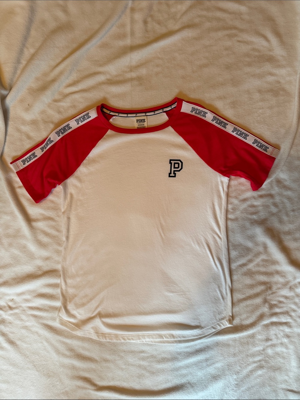 PINK Victoria's Secret White Tee with Red Sleeves and Logo Tape